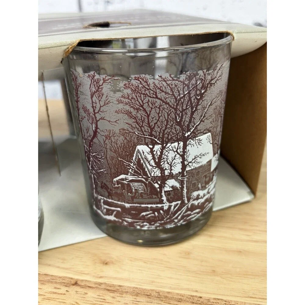 4 Vintage Currier and Ives Lowball Glasses The Old Homestead In Winter NOS